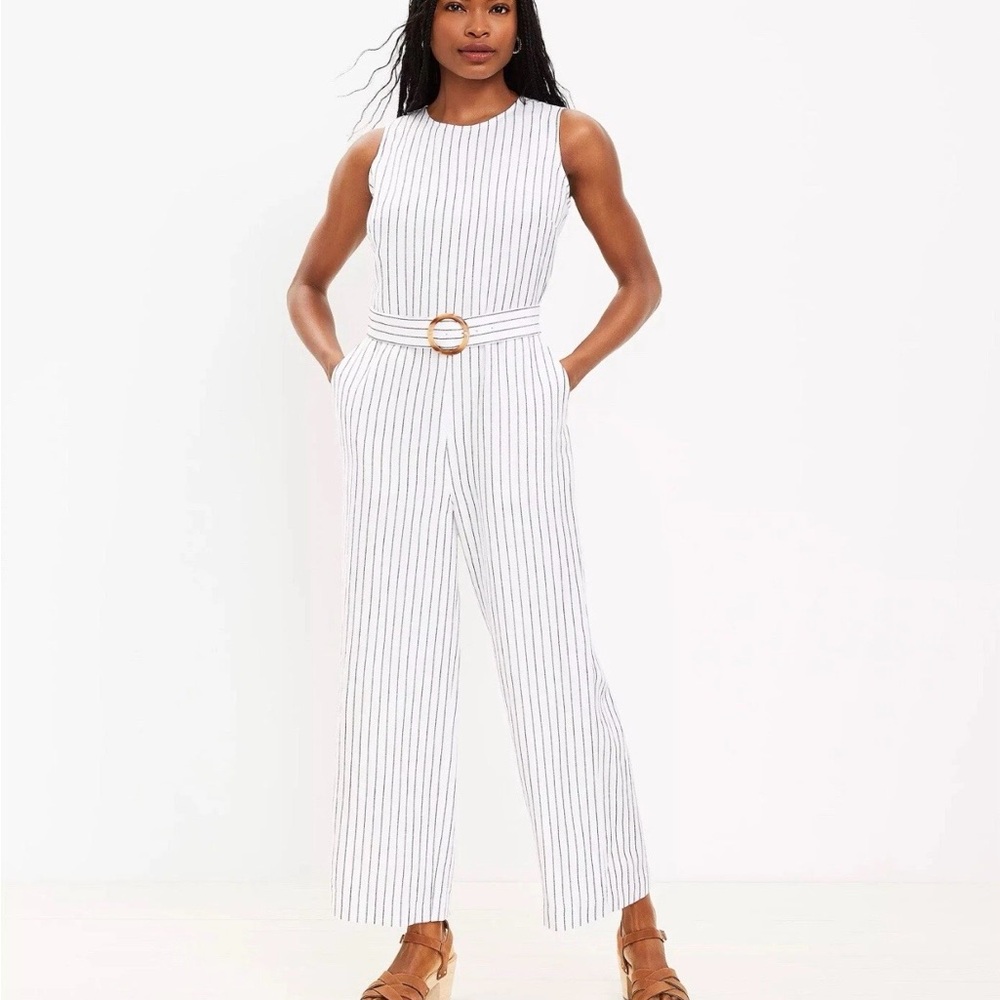 LOFT White Sleeveless Pinstripe Belted Jumpsuit